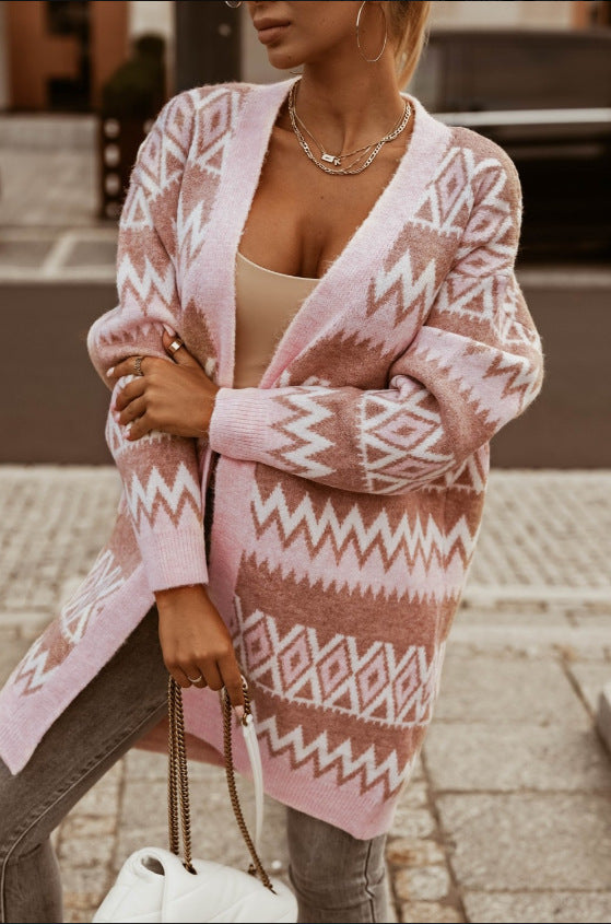 V-neck rhombus-check sweater coat in pink – full length front view
