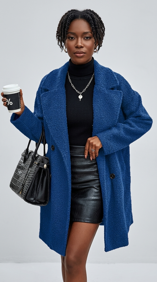 Plush Fur Collar Hip-Length Women's Coat with Pockets