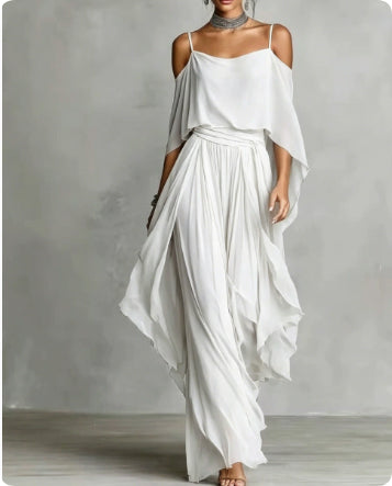 Women's white chiffon cold-shoulder maxi dress with spaghetti straps and draped overlay, front view – Blutiful