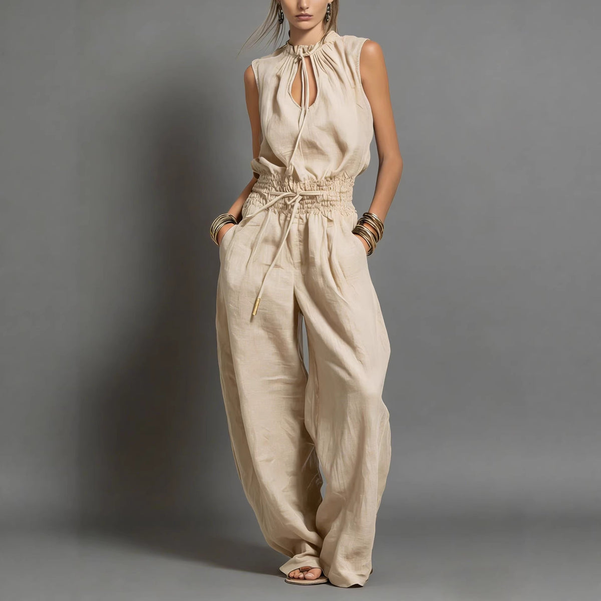 Women's beige sleeveless wide-leg jumpsuit with keyhole neckline and drawstring waist – Blutiful
