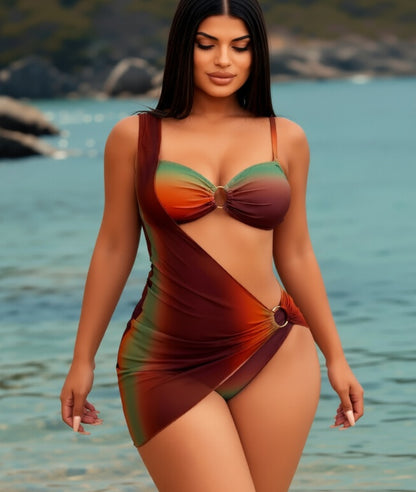 Women's ombre rust green 3-piece swimsuit with wrap cover-up skirt, front view at beach – Blutiful
