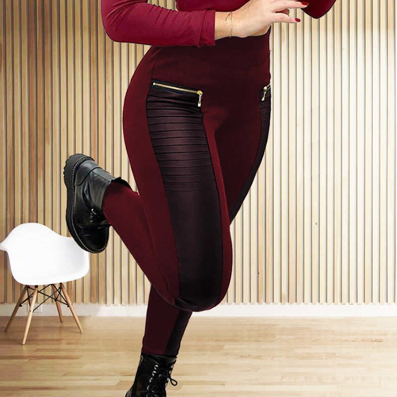 Women's red wine high-waist slim pants with ribbed faux leather panels and gold zip detail – Blutiful