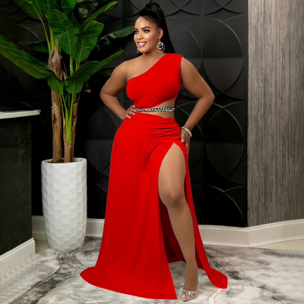 Women's plus size red one-shoulder crop top and high-slit maxi skirt two-piece set with chain belt – Blutiful