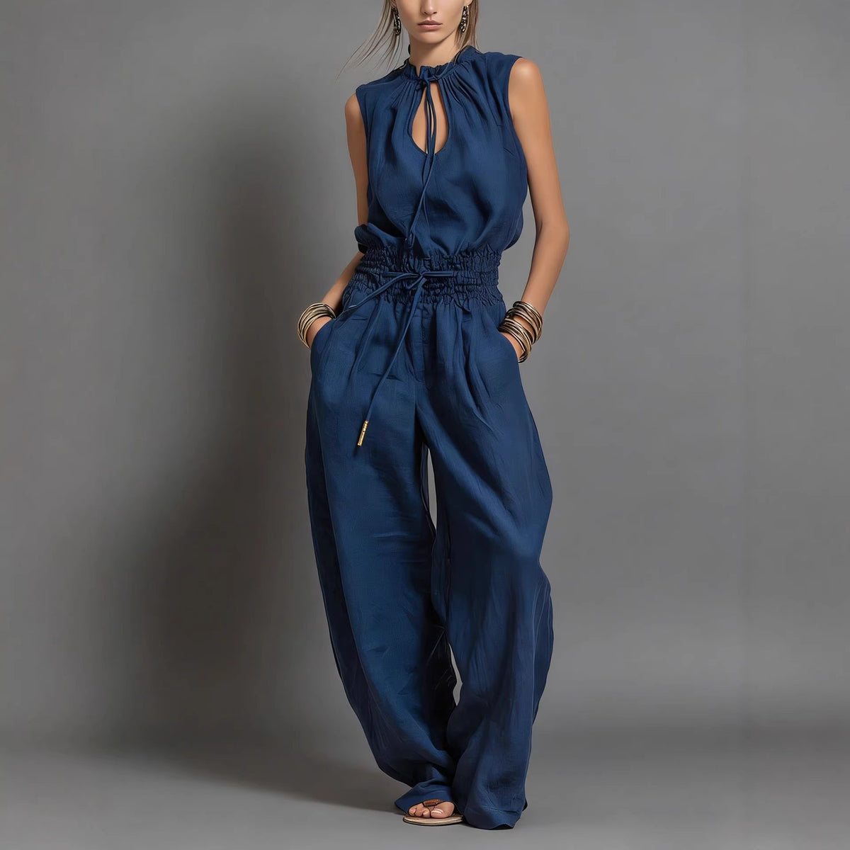 Women's navy blue sleeveless wide-leg jumpsuit with keyhole neckline and drawstring waist – Blutiful