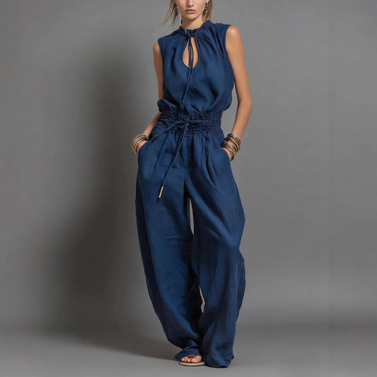 Women's navy blue sleeveless wide-leg jumpsuit with keyhole neckline and drawstring waist – Blutiful