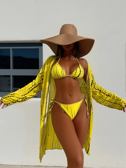 Women's 3-piece tropical print swimsuit set with triangle bikini top and floral leopard maxi skirt coverup – Blutiful