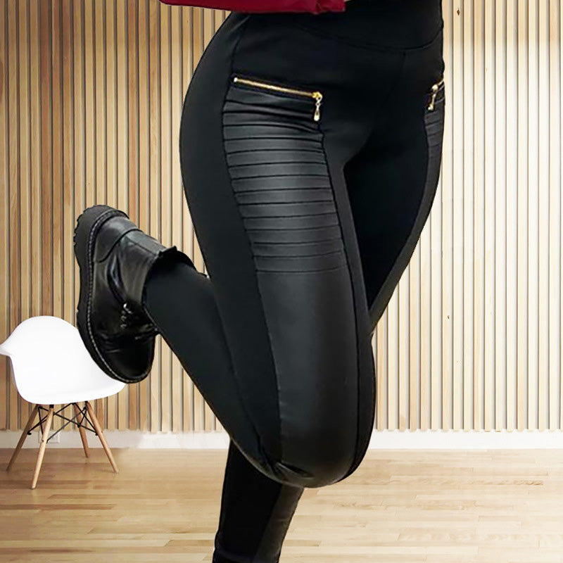 Women's black high-waist slim pants with ribbed faux leather panels and gold zip detail – Blutiful
