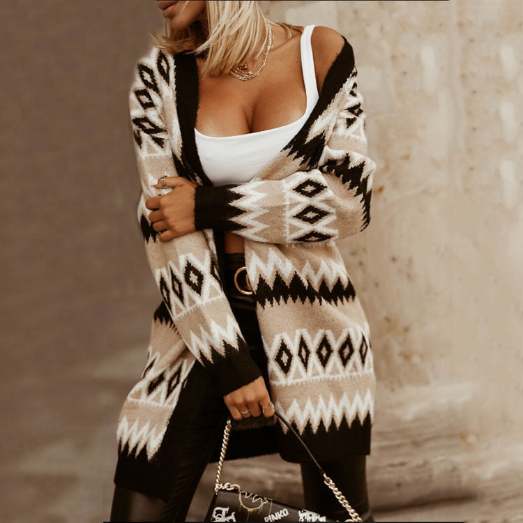 Women's contrast-color mid-length sweater coat – lifestyle styling shot

