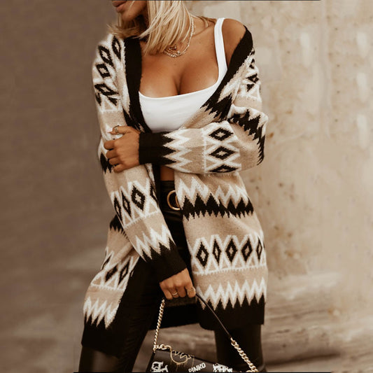 Women's contrast-color mid-length sweater coat – lifestyle styling shot

