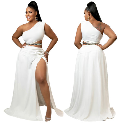 Women's plus size white one-shoulder crop top and high-slit maxi skirt two-piece set with chain belt – Blutiful