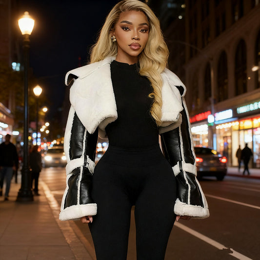 Women's black PU leather crop moto jacket with oversized shearling fur collar and cuffs – Blutiful