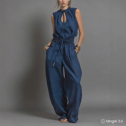 Street-style Loose-fitting Sleeveless Waist-cinching Wide-leg Jumpsuit